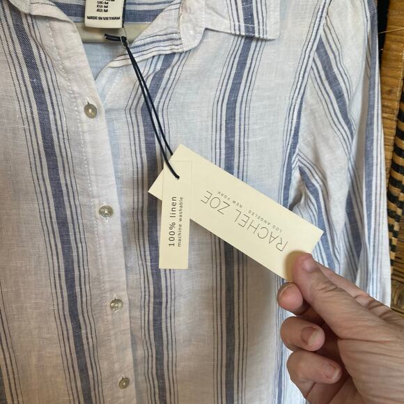 NWT Rachel Zoe 100% Linen Blue White Stripe Button Front Shirt Top Medium - Picture 4 of 7
